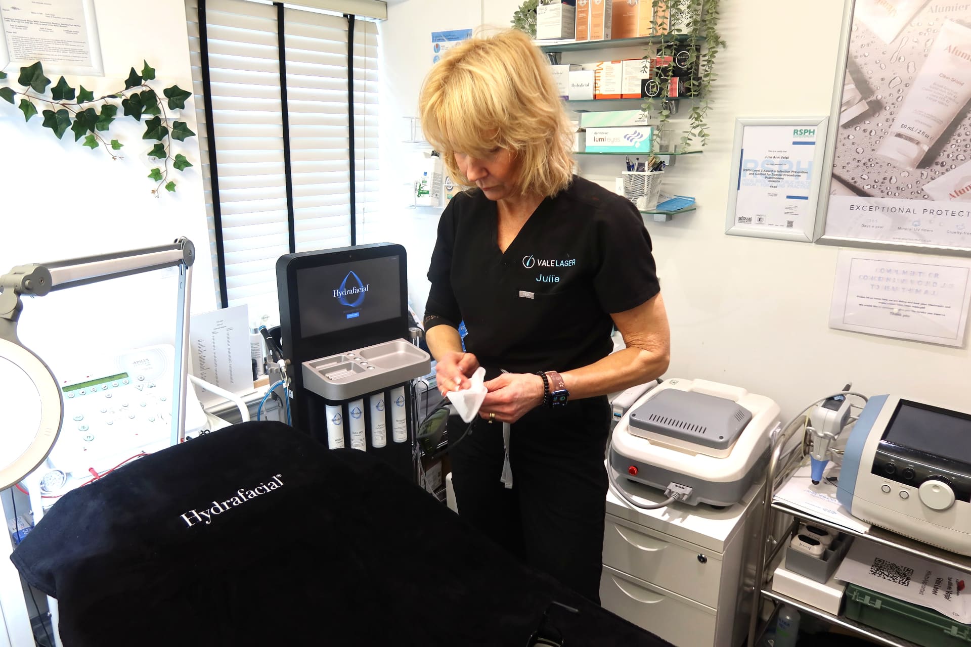 Julie preparing for a Hydrafacial treatment at Vale Laser Aesthetics Whitchurch