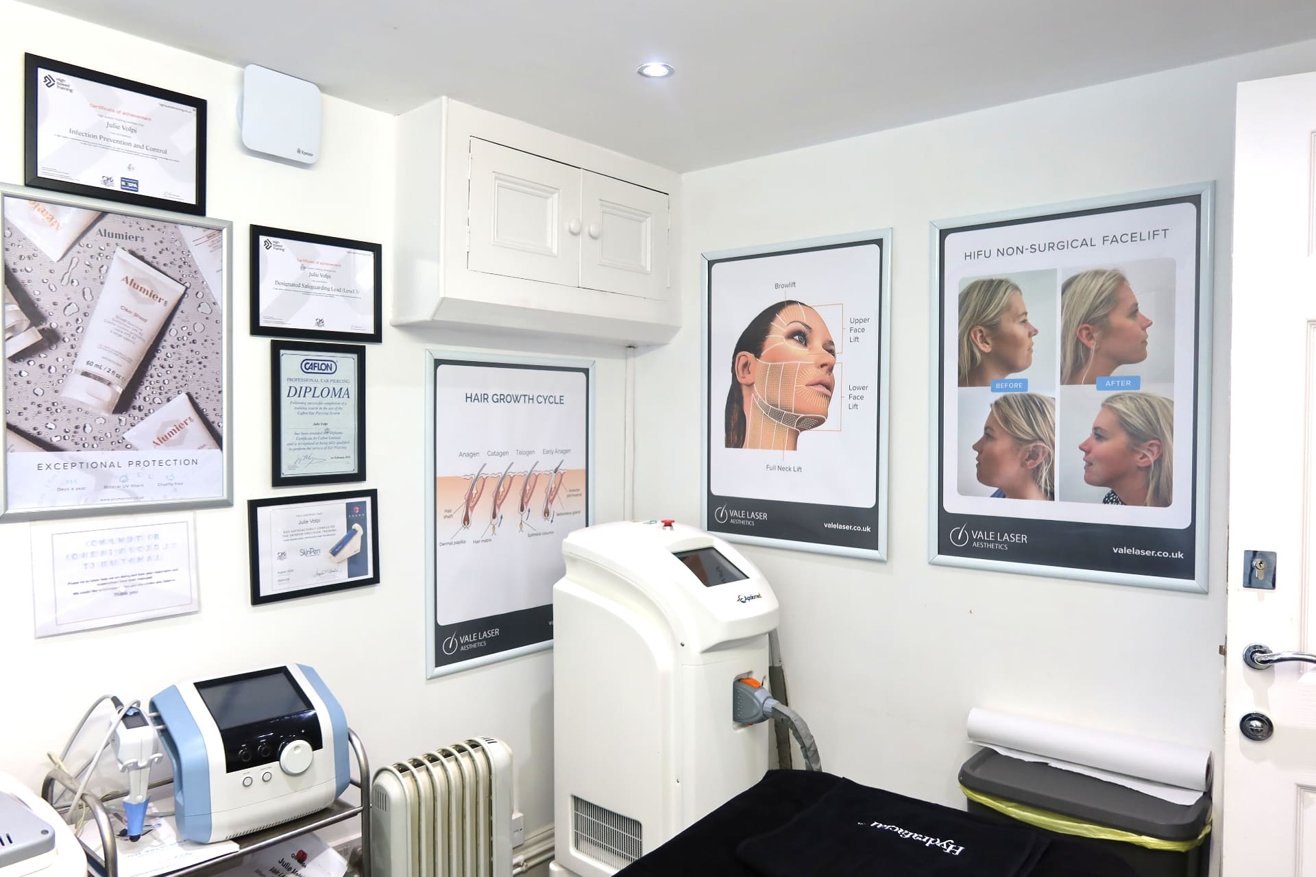 HIFU and laser treatment room with accreditations at Vale Laser Aesthetics Whitchurch